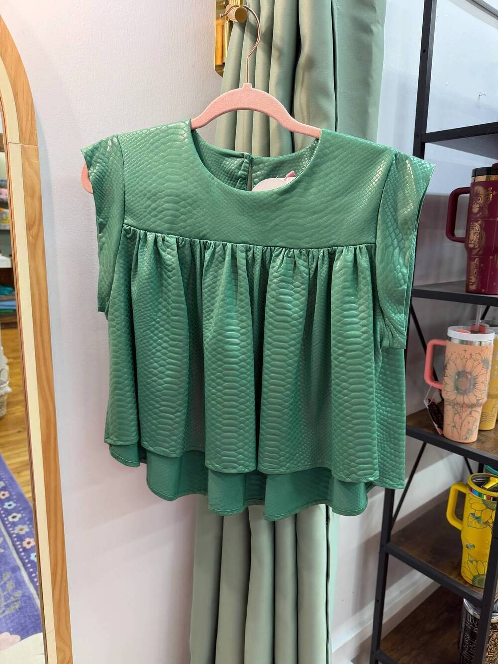 NEW ADRIENNE women's luxe textured flutter top in emerald